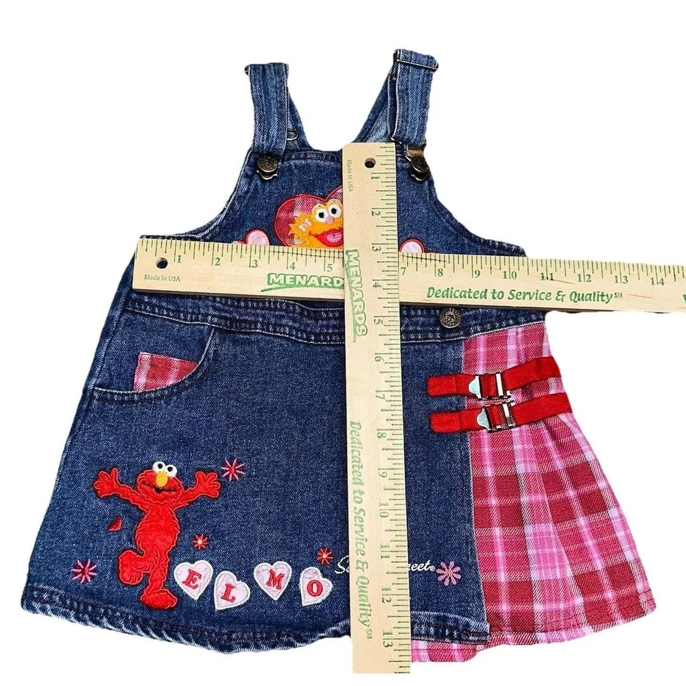 Y2K Rare Sesame Street Elmo Zoe Denim Overall Jumper Dress Embroidered Girls 18M